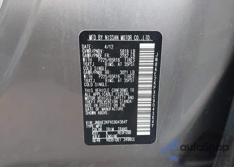 2012 Nissan Quest Sv from USA, damaged, VIN JN8AE2KPXC9043647